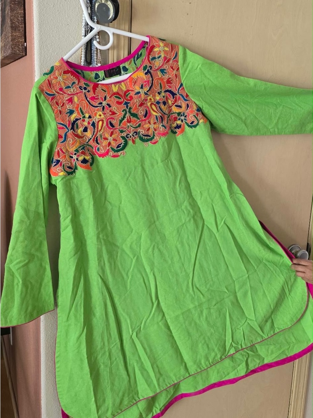 Rang Ja Lime Green Floral Embroidered Tunic Top XL